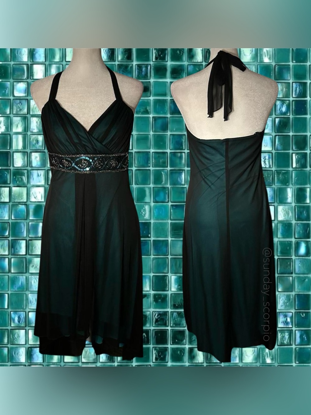 2000s Y2K black & aqua beaded halter dress with beaded belt - Size: Large